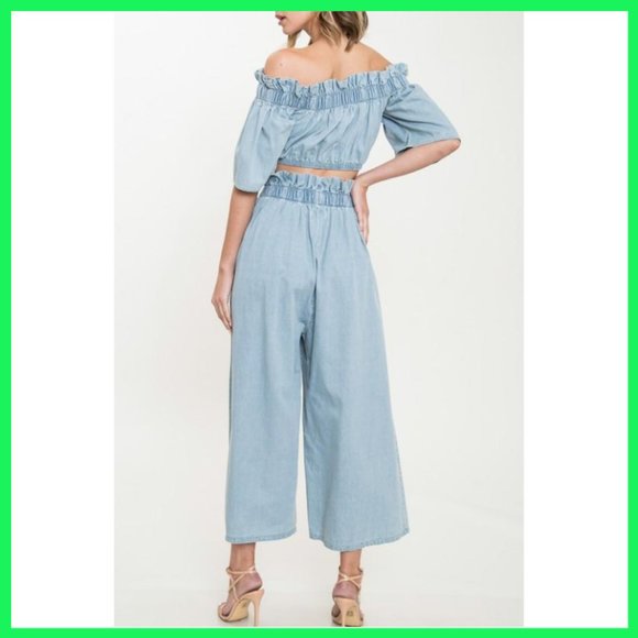 NWT Denim Off Shoulder Crop Top & Culotte Set SML - Picture 2 of 3